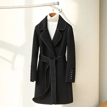 2023 Новое кашемировое пальто женское средней длины в стиле Хепберн, приталенное шерстяное пальто на шнуровке, женское шерстяное пальто