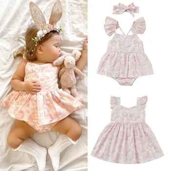 Летнее платье-комбинезон для маленьких девочек, подходящая одежда для семьи Младшей сестры, Платье/комбинезон с рисунком мультяшного Кролика без рукавов с рюшами на подоле