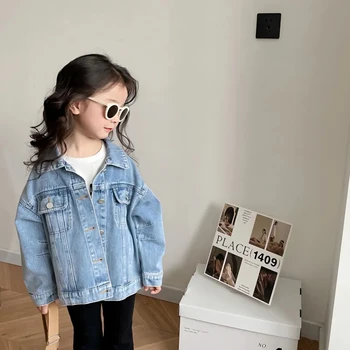Детская повседневная джинсовая куртка, весенняя новинка, модное пальто в корейском стиле для мальчиков и девочек, детский джинсовый топ