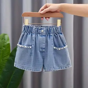 Новые джинсовые шорты для девочек, детские джинсовые короткие штаны, повседневные шорты для малышей, пляжные плавки, летняя одежда для детей 4-13 лет