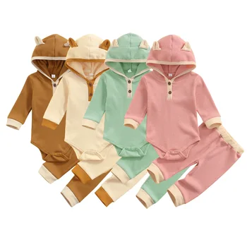 FOCUSNORM 0-24 м Комплекты одежды для новорожденных девочек и мальчиков, 2 шт., однотонные комбинезоны с капюшоном и длинными рукавами, топы, брюки, 4 цвета