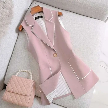 2023 Весна И Осень Новый Модный Розовый костюм Для женщин Небольшого роста С пальто в белую полоску Приталенный Профессиональный Тренд без рукавов