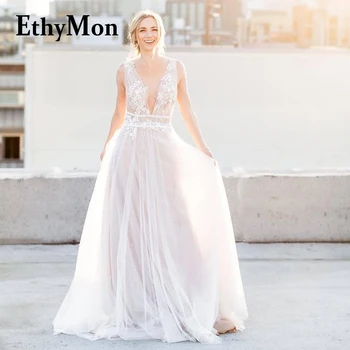 Ethymon С глубоким V-образным вырезом и открытой спиной из листового хрусталя, Необычное свадебное платье для невесты, сшитое на заказ из тюля, Свадебное платье без рукавов, Простое