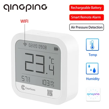 Датчик температуры и влажности Qingping, перезаряжаемые цифровые часы, барометр, Приложение Wi-Fi, дистанционное управление, внутренний термометр, гигрометр