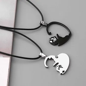 Черно-белые ожерелья для пары с милыми кошками, ожерелье с подвеской в виде сердца из нержавеющей стали, ожерелье с подвеской в виде сердца для лучших друзей, Подарочные украшения
