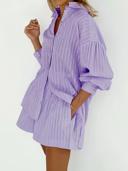 2023 Женские Весенне-летние Комплекты шорт в фиолетовую полоску, Одежда свободного кроя, блузка, костюм, Комплект из 2 предметов для женщин