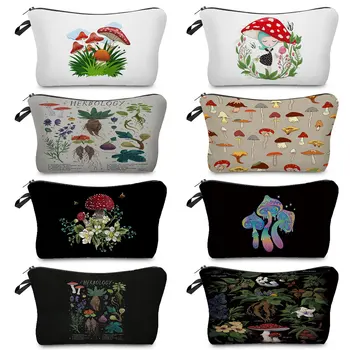 Персонализированные освежающие сумки для макияжа с цветочным рисунком и грибами, настраиваемые сумки для растений, женские косметички, дорожные туалетные принадлежности, повседневная сумка