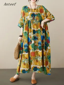 хлопчатобумажные винтажные платья в горошек с цветочным рисунком из хлопка с коротким рукавом для женщин, повседневное свободное длинное летнее платье, элегантная одежда 2023