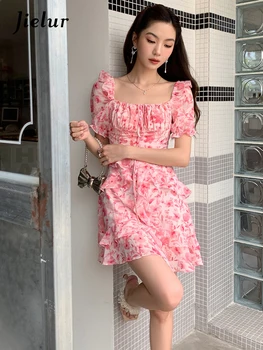 Jielur, Розовое шифоновое платье с пышными рукавами, с открытой спиной, с квадратным вырезом, Летние женские платья, сексуальные Модные Элегантные платья принцессы