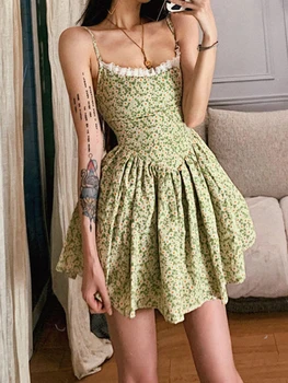 Летнее женское милое мини-платье с цветочным кружевом, летняя повседневная повязка без рукавов с открытой спиной, шикарный цветочный принт, пляжная одежда