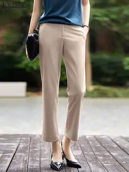 ZANZEA Модные прямые брюки для костюма, женские однотонные длинные брюки с высокой талией, женские повседневные брюки, офисные женские весенне-летние панталоны