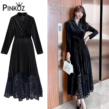 Pinkoz высококачественная дизайнерская стильная черная бархатная женская зимняя одежда с v-образным вырезом, элегантные кружевные длинные платья в стиле пэчворк, robe de mujer