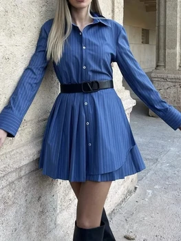 Летнее Дамское модное асимметричное синее мини-платье для девочек 2023 Новое плиссированное платье в стиле рубашки Женские повседневные платья в полоску с принтом