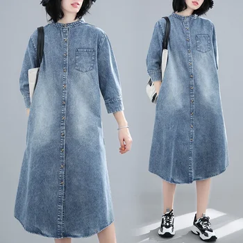 Женская одежда Больших размеров 2020 Весна Винтажный Халат En Jeans Femme Платья Однобортное Длинное Джинсовое Платье 2020 Vestidos AA5480