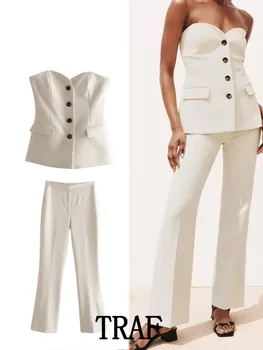 TRAF 2023 Женские комплекты жилетов из 2 предметов, Однобортный жилет поверх нижнего белья + прямые брюки с разрезом, повседневные женские костюмы