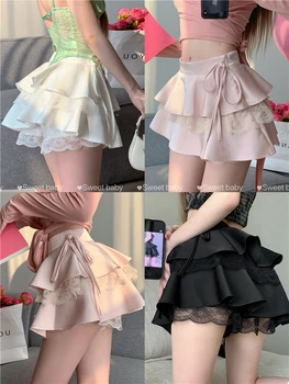 2023 Новая Розовая мини-юбка с рюшами, Женская Кружевная двухслойная милая повязка с высокой талией, Сексуальная короткая юбка в стиле Лолиты