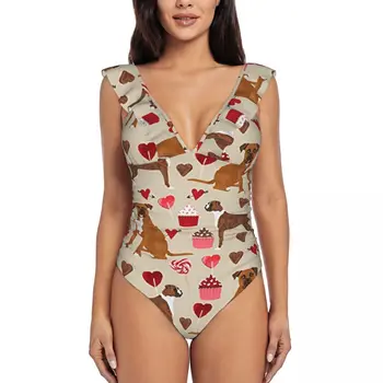 Женские сексуальные купальники с открытыми плечами и рюшами Boxer Dog Valentines Love Cupcakes для купания в стиле Ретро