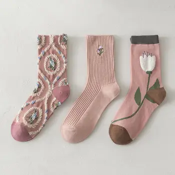 Новые женские носки в корейском стиле с цветочным трендом, Повседневные хлопчатобумажные Носки с вышивкой для девочек, Милые, Дышащие Носки Kawaii Crew для девочек