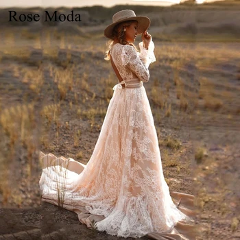Rose Moda Кружевное свадебное платье в стиле Бохо с длинными рукавами и открытой спиной в богемном стиле на заказ