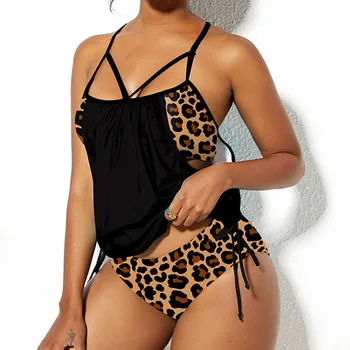 Сексуальный черный комплект Танкини с леопардовым принтом, женский купальник в стиле пэчворк на бретельках, 2 предмета, летний купальный костюм 2023 года, купальный костюм