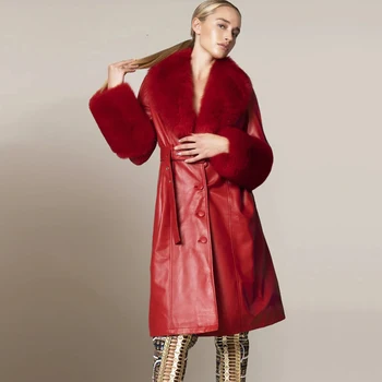 Женское пальто большого размера Denny & Dora с воротником из натурального лисьего меха, Длинное пальто из натуральной кожи, Тренч красного цвета