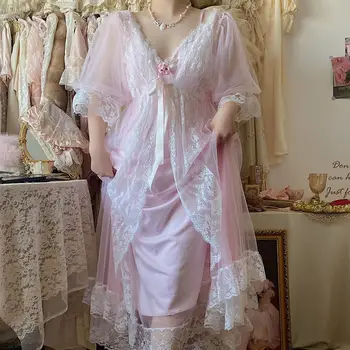 1 комплект, Сказочный женский розовый газовый халат принцессы + ночная рубашка.Ночные рубашки с розовым кружевом для леди и девочек, тюлевые пижамы, винтажная пижама, ночнушка