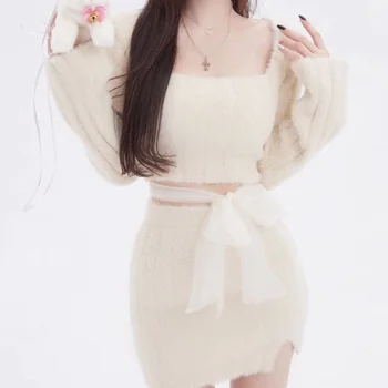 Новый осенний свитер, вязаный комплект, Женское элегантное платье-двойка, Корейская модная мини-юбка для вечеринки Y2k, Офисная Женская короткая юбка