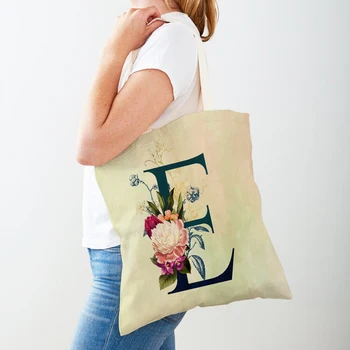 Женская сумка для покупок с английским цветочным бежевым рисунком и буквами, сумка-тоут с цветочным двойным принтом A-Z, многоразовые повседневные холщовые женские сумки для покупок