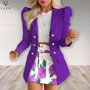 VAZN 2022 Женский костюм в стиле Fashin Street Girl с длинным рукавом, верхняя одежда с лацканами, эластичная Мини-юбка, женский костюм с принтом, комплекты из 2 предметов