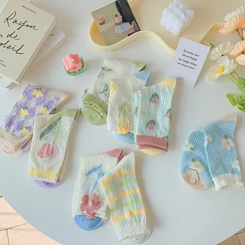 Милые японские носки Harajuku Sweet JK Lolita, носки с цветочным тюльпаном, разноцветные летние носки из тонкой сетки