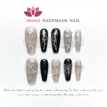 Ручная печать для гроба на ногтях, полное покрытие, маникюр черного цвета, пригодный для носки с дизайнерским акрилом Orange Nails Store