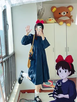 Служба доставки аниме Kiki's Косплей Синее платье Милая девушка Женский костюм с бантом на голове и брелком Джиджи