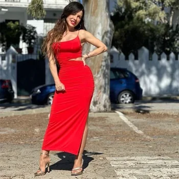 Летом 2023 Года Новое красное платье Юбка Слинг Длинная юбка с открытым дизайном Асимметричное платье Vestidos Mujer 3641327