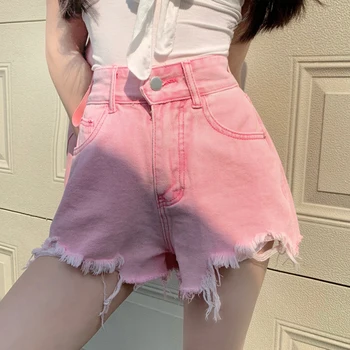 Модные женские розовые джинсовые шорты с высокой талией и необработанными краями, горячие брюки 2023, новая летняя женская повседневная уличная одежда