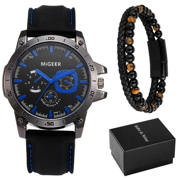 Кварцевые часы с синим циферблатом для мужчин, Модные мужские часы с силиконовой лентой, браслет из бисера, Подарочный набор, Мужские наручные часы, Подарки