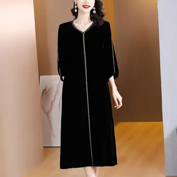 2023 Черное бархатное платье с V-образным вырезом, женское Корейское повседневное вечернее платье, Модные элегантные вечерние платья со свободной талией.