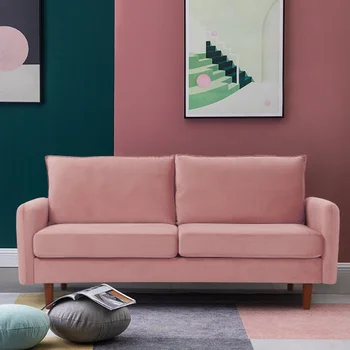 Двухместный диван диван для гостиной, розовые бархатные деревянные ножки, современное оформление, квадратные подлокотники, 68,8 