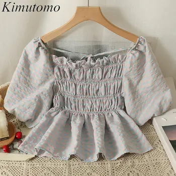 Kimutomo Милая Свободная рубашка в клетку контрастного цвета, женская Элегантная блузка с квадратным воротником, пышными рукавами, оборками, складками на шнуровке