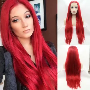 Парик Sylvia Red Синтетические парики на кружеве спереди для женщин, натуральные Длинные Прямые парики для косплея, средняя часть из термостойкого волокна, Огненный Парик