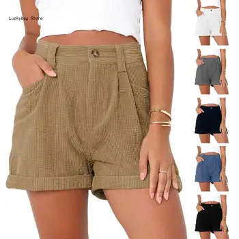Женские летние вельветовые шорты с высокой талией, короткие шорты с манжетами на прямых штанинах