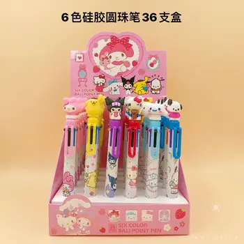 36шт Шариковая ручка серии Kawaii Sanrio 6 цветов с мультяшным силиконовым наконечником, цветная Шариковая ручка для заметок, красочные маркеры