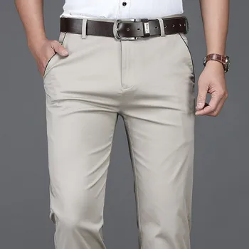 Летние мужские хлопковые повседневные брюки с прямыми штанинами в классическом стиле, деловые повседневные эластичные брендовые брюки цвета Хаки, бежевый