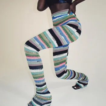 Разноцветные полосатые трикотажные брюки со сборкой, Уличная женская одежда в стиле хиппи, Весна-осень 2023, Сексуальные тонкие удлиненные брюки с высокой талией