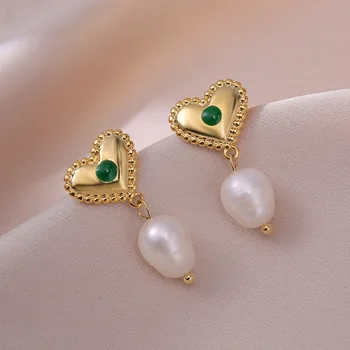 Золотые серьги-сердечки с жемчугом, Подвесные серьги в корейском стиле с белым жемчугом в стиле барокко, Аксессуары для женщин, ювелирные изделия роскошного качества