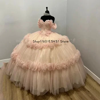 Пышные платья Розовой принцессы Золушки, аппликации, Цветы, шнуровка, Милая одежда на День рождения 16, Праздничное платье Vestidos De XV Anos