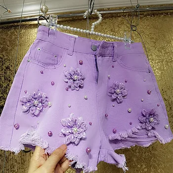 Джинсовые шорты с блестками и бисером в цветочек женские летние с высокой талией и широкими штанинами