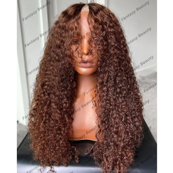 Бесклеевые парики Remy из 100% человеческих волос 1x4 с V-образной частью для чернокожих женщин карамельно-коричневого цвета 200 плотности, натуральный кудрявый парик с V-образной частью с отверстиями