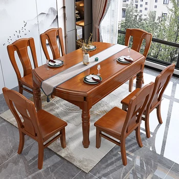 Обеденный стол из цельного дерева, стулья, китайский стол-платформа, многофункциональная выдвижная прямоугольная домашняя столовая