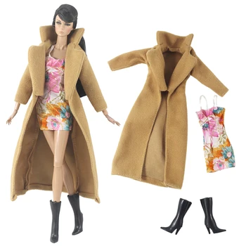 NK 3 предмета/комплект Модное длинное пальто + Современный топ + Черные туфли Благородный свитер для одежды Барби Аксессуары для кукол 1/6 Игрушки для кукол